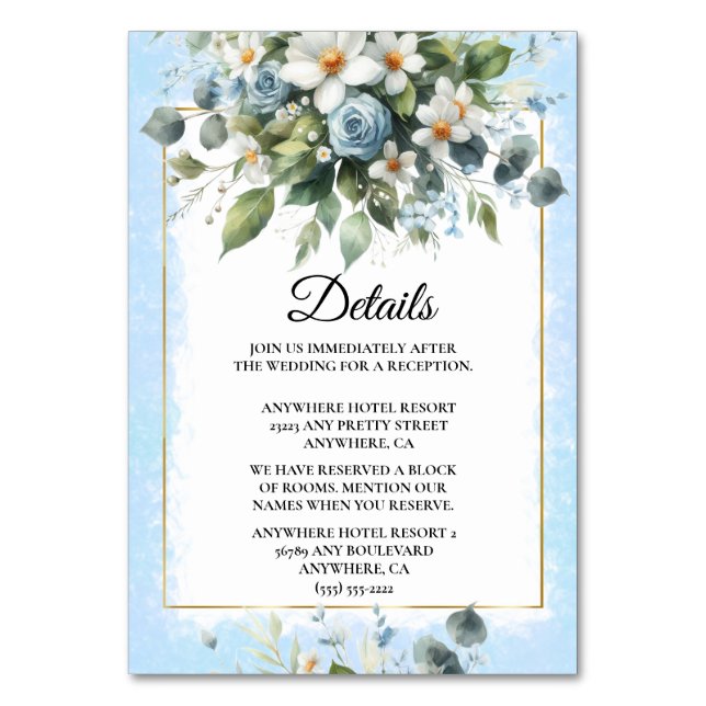 Blå och Guld Elegant Blommig Rustik Vattenfärg Inb Bordsnummer (Framsidan)