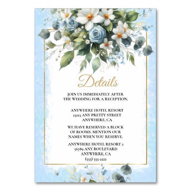 Blå och Guld Elegant Blommig Rustikal Akvarell Inb Bordsnummer (Framsidan)