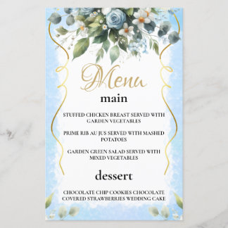 Blå och guld elegant blomster rustik menykort