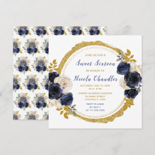 Blå och Guld Elegant Flowers Sweet sixteen Inbjudningar