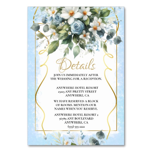 Blå och Guld Eleganta Blommor Rustika Detaljer Bordsnummer (Framsidan)