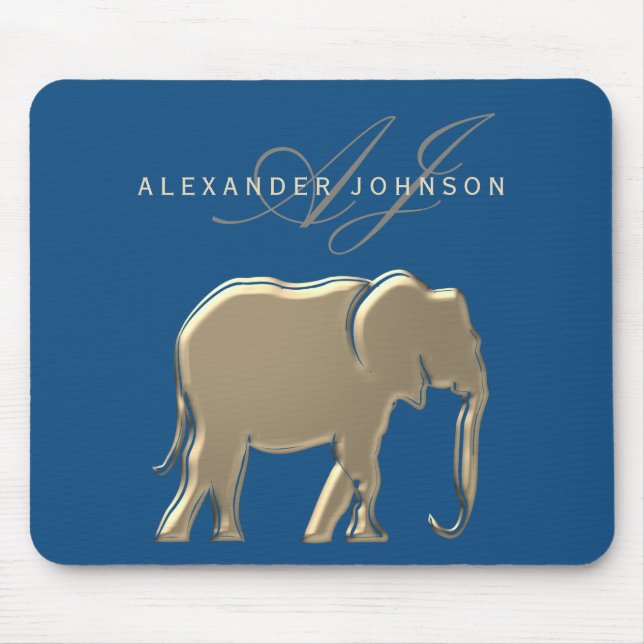 Blå och Guld Elephant Monogram Musmatta (Framsidan)