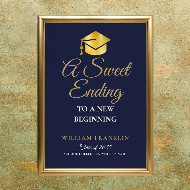 Blå och guld examen fest sötsaker skylt (Navy Blue And Gold Graduation Party Sweets Sign)