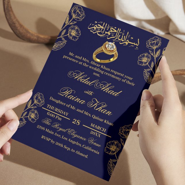 Blå och guld Färgat Muslimsk Islamisk Förlovning Inbjudningar (Skapare uppladdad)