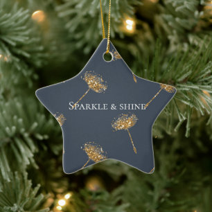 Blå och Guld Faux Glitter Dandelion Flowers Julgransprydnad Keramik