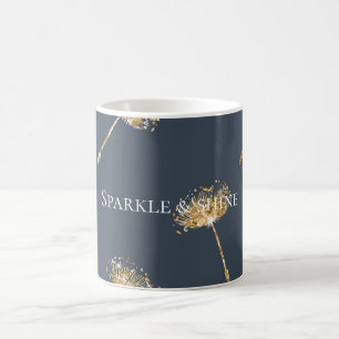 Blå och Guld Faux Glitter Dandelion Flowers Kaffemugg