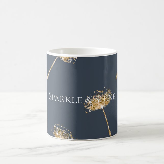 Blå och Guld Faux Glitter Dandelion Flowers Kaffemugg (Center)