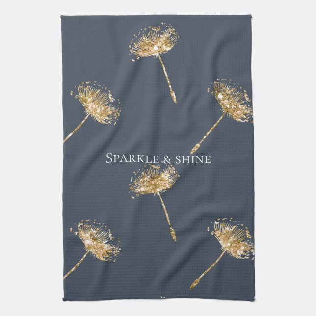 Blå och Guld Faux Glitter Dandelion Flowers Kökshandduk (Vertikal)