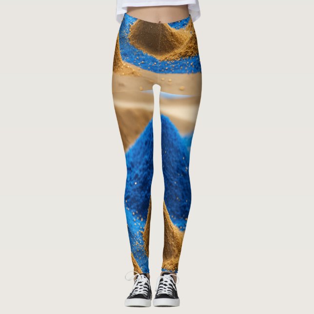 Blå- och guld-flygsanddesign leggings (Framsida)