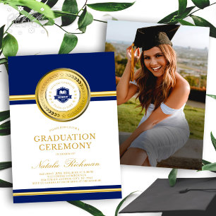 Blå och Guld Formellt Studenten-keremonisfoto Inbjudningar