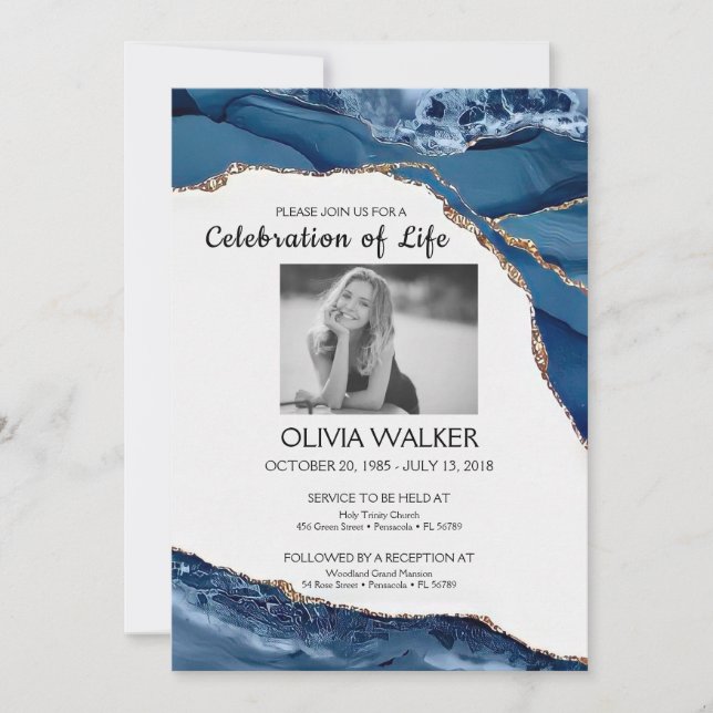 Blå och Guld Funeral Firar livet Inbjudningar (Framsida)