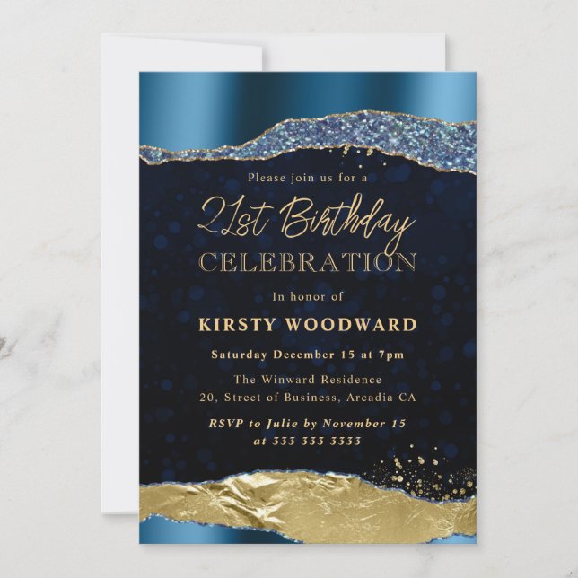 Blå och Guld Glam Tårar Födelsedagsfest Inbjudningar (Framsida)