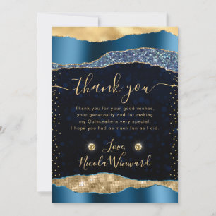 Blå och guld Glam Tåror Bokeh Quinceanera Tack Kort