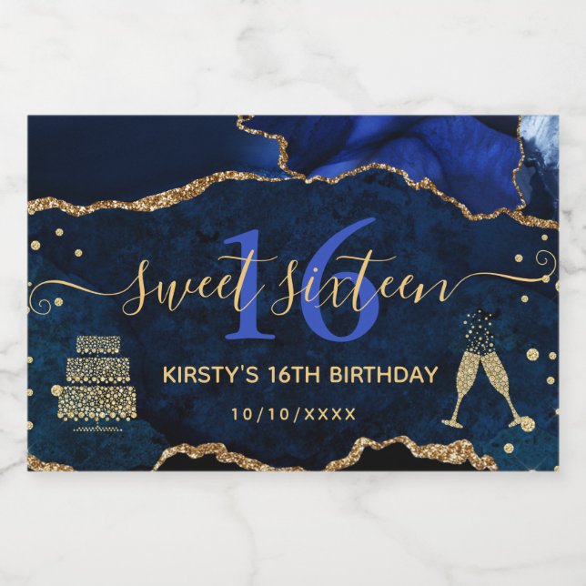 Blå och guld glitter Agate-marmor Sweet 16 (Enkel etikett)