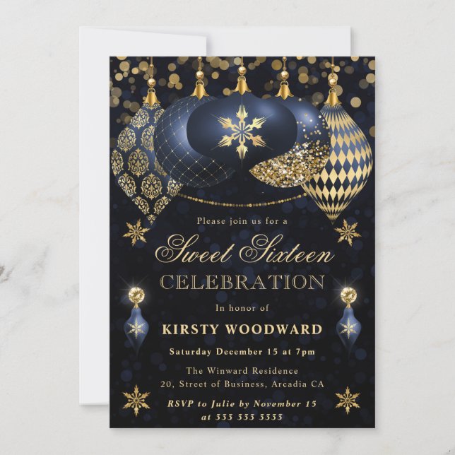 Blå och Guld Glitter Baubles Sweet sixteen Inbjudningar (Framsida)