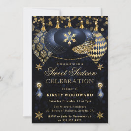 Blå och Guld Glitter Baubles Sweet sixteen Inbjudningar