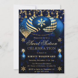 Blå och Guld Glitter Baubles Sweet sixteen Inbjudningar