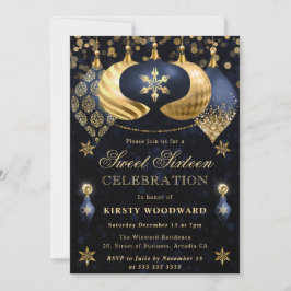 Blå och Guld Glitter Baubles Sweet sixteen Inbjudningar