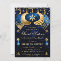 Blå och Guld Glitter Baubles Sweet sixteen