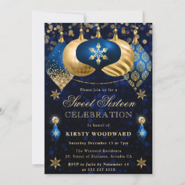 Blå och Guld Glitter Baubles Sweet sixteen Inbjudningar