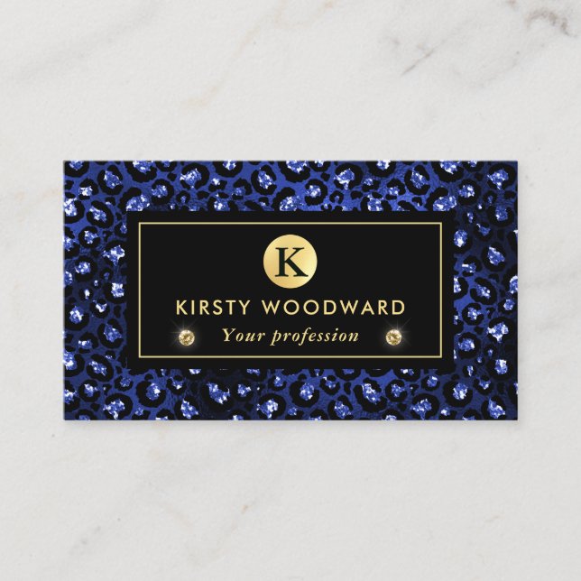 Blå och guld glitter glam leopardfläckar mönster visitkort (Framsida)
