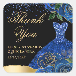 Blå och Guld Glitter Glam Ro Quinceanera Fyrkantigt Klistermärke