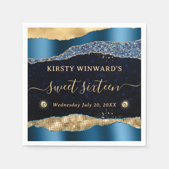 Blå och guld glitter glam tårar Bokeh Sweet 16 Pappersservett (Framsidan)