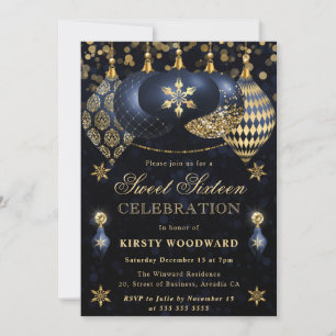 Blå och guld glitterkulor Sweet Sixteen Inbjudningar