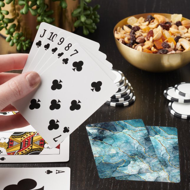 Blå och guld glittermarmor  casinokort (På plats)