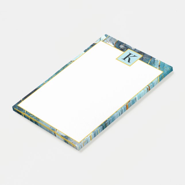 Blå och guld glittermarmor, monogram post-it block (Vinklad)