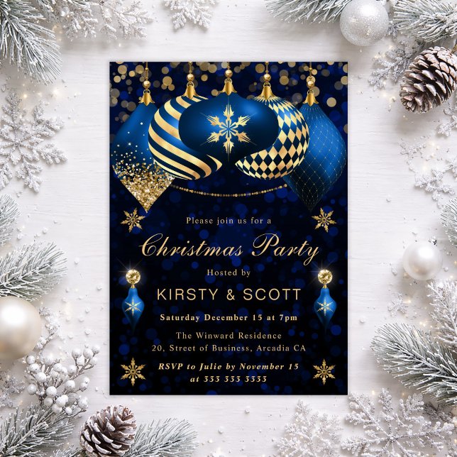 Blå och Guld Glittrande Julgranskulor Julfest Inbjudningar (Skapare uppladdad)