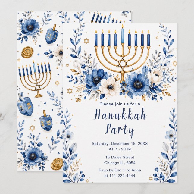 Blå och guld Hanukkah-fest Inbjudningar (Fram/baksida)