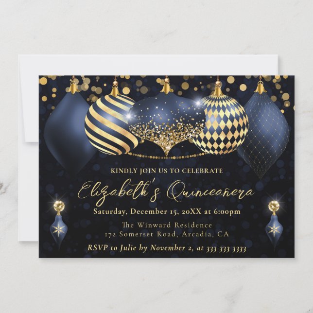 Blå och Guld Jul Baubles Quinceanera Inbjudningar (Framsida)