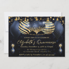 Blå och Guld Jul Baubles Quinceanera Inbjudningar