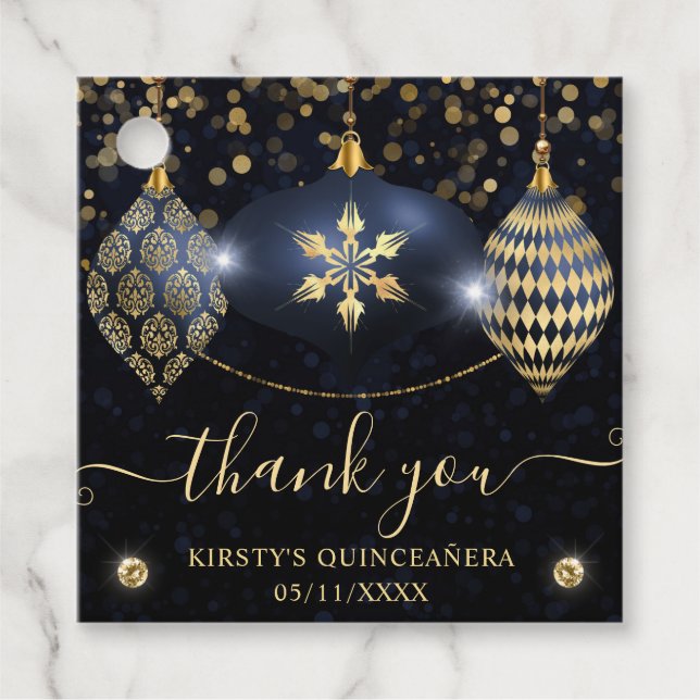 Blå- och Guld-julbalkar Quinceanera Gåvor Etiketter (Framsida)