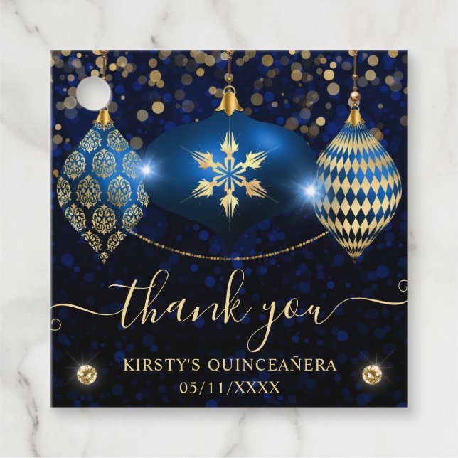 Blå- och Guld-julbalkar Quinceanera Gåvor Etiketter (Framsida)