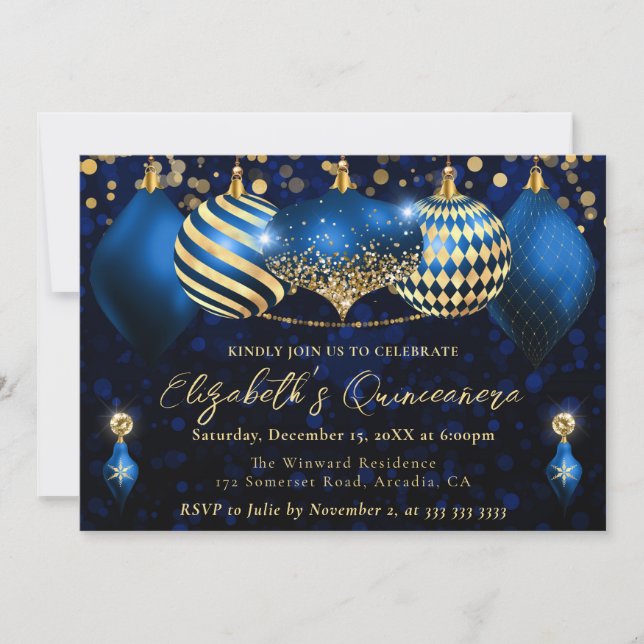 Blå- och Guld-julbalkar Quinceanera Inbjudningar (Framsida)