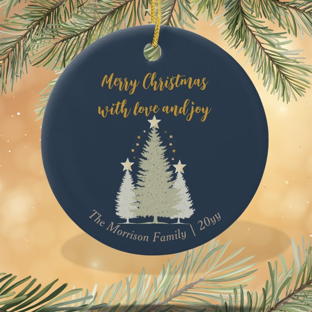 Blå och Guld Julgran och stjärnor Julgransprydnad Keramik (Blue and Gold Christmas Tree and Stars Ceramic Ornament)