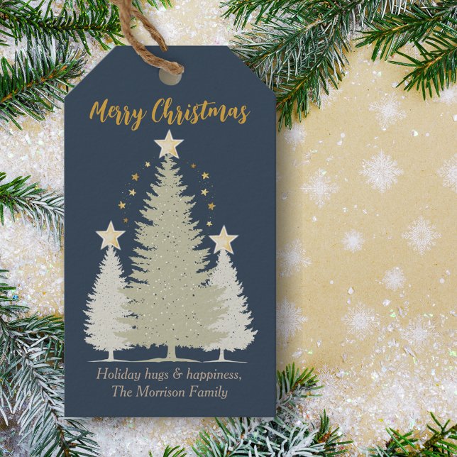 Blå och Guld Julgran och stjärnor Presentetikett (Blue and Gold Christmas Tree and Stars Gift Tags)