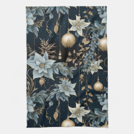 Blå och Guld julprydnad Poinsettias Kökshandduk
