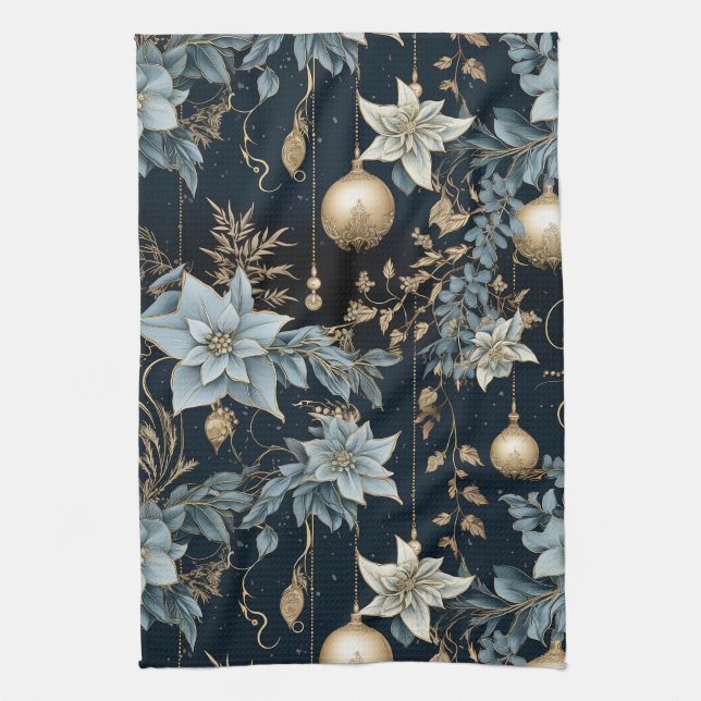 Blå och Guld julprydnad Poinsettias Kökshandduk (Vertikal)