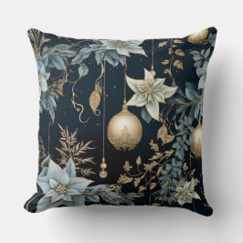 Blå och Guld julprydnad Poinsettias Kudde