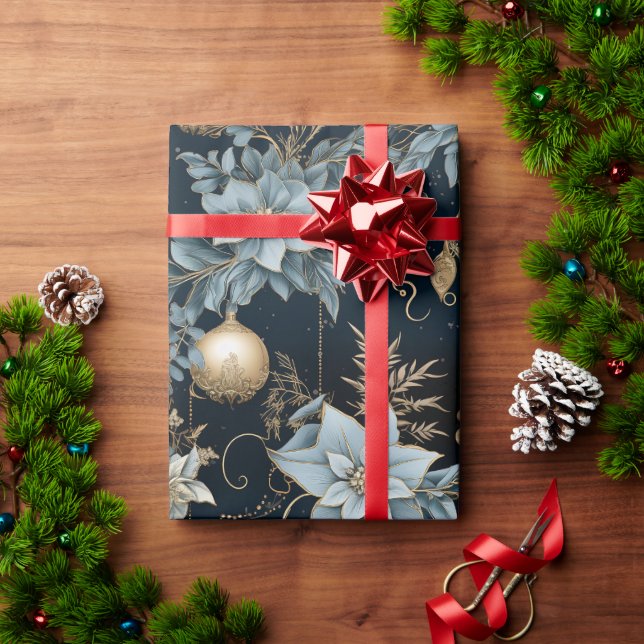 Blå och Guld julprydnad Poinsettias Presentpapper (Julgåva)