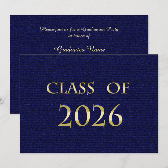 Blå och guld klass 2026 examensfest kort (Fram/baksida)