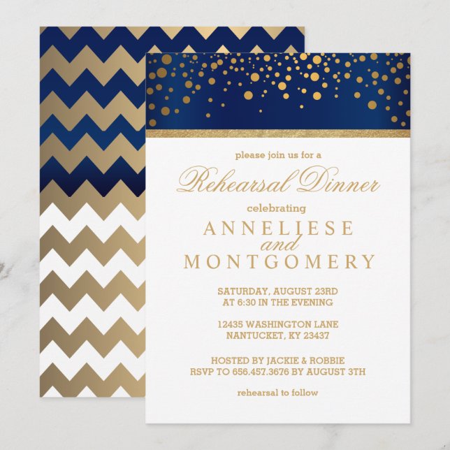 Blå och Guld-konfetti Dot - Rehearsal Dinner Inbjudningar (Fram/baksida)