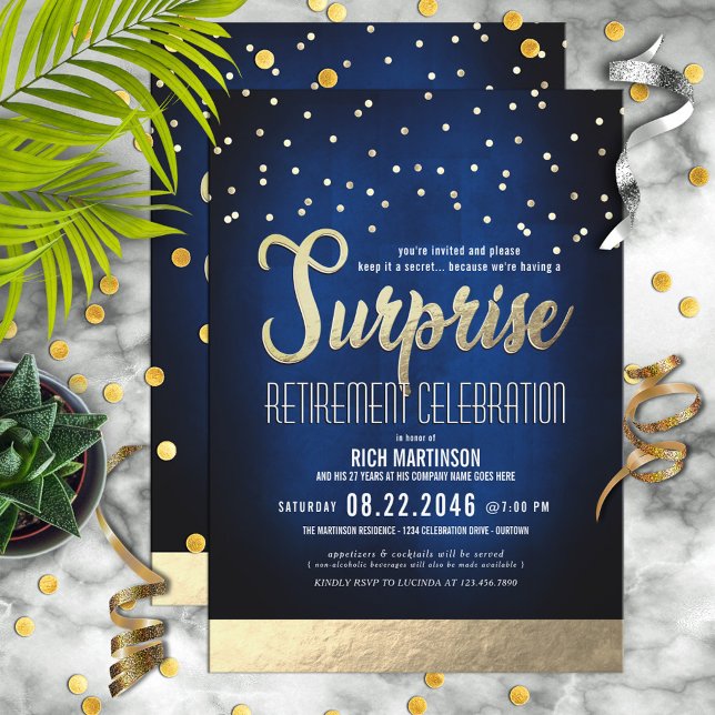 Blå och Guld Konfetti Surprise Pension Party Inbjudningar (Skapare uppladdad)
