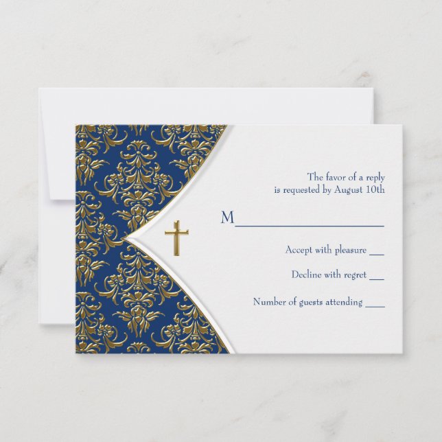 Blå och guld kors dop dopning RSVP OSA Kort (Framsida)
