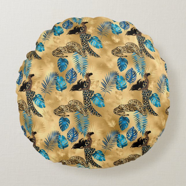 Blå och Guld Leopard 7-serien Rund Kudde (Framsidan)