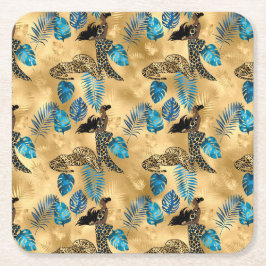 Blå och Guld Leopard 7-serien Underlägg Papper Kvadrat