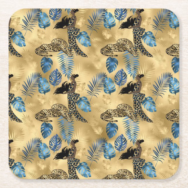 Blå och Guld Leopard 7-serien Underlägg Papper Kvadrat (Framsidan)